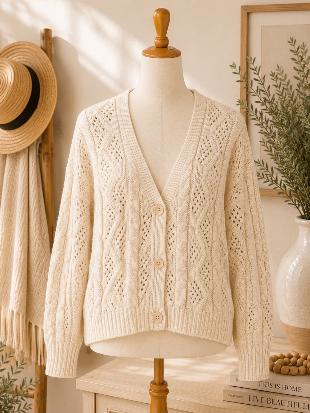 Moon & Madison Cable Knit Cardigan Medium Cream Cottagecore Boho Chunky EUC